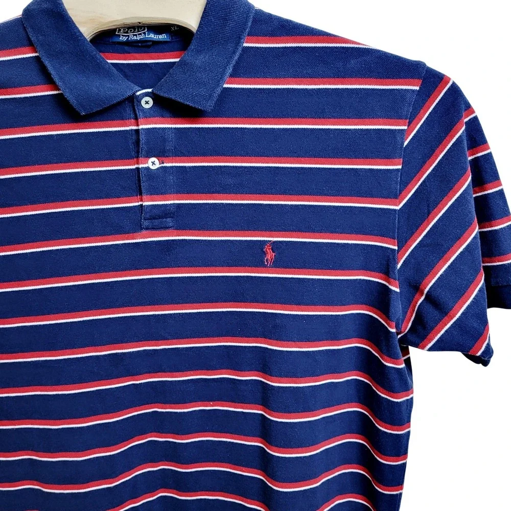 Polo Ralph Lauren Mens XL Striped Short Sleeve Polo Shirt Navy Red White Pony